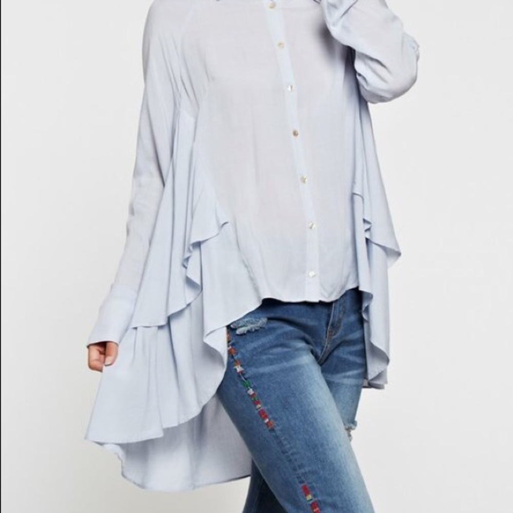 Blue Ruffled High-Low Work Blouse - Picture 5 of 7